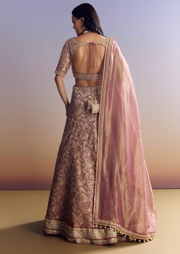 Elegant Couple Set – Light Pink Banarasi Silk Lehenga Set with Embroidered Choli for Her And Pink Silk Kurta Set with Mirror Geometric Print for Him