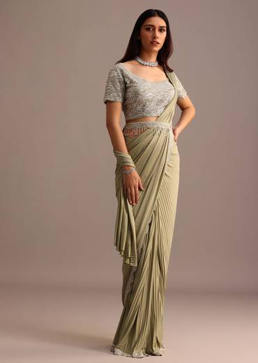 Pista Green Pre Draped Saree With Embroidered Blouse And Belt
