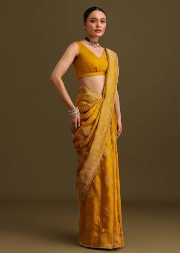 Yellow Zari Weave Saree With Unstitched Blouse