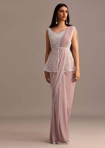 Dusky Pink Ready Pleated Saree With Embroidered Blouse