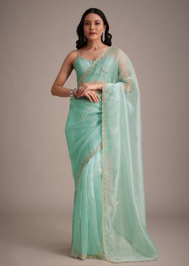 Aqua Blue Glass Tissue Embroidered Saree With Cutdana Work