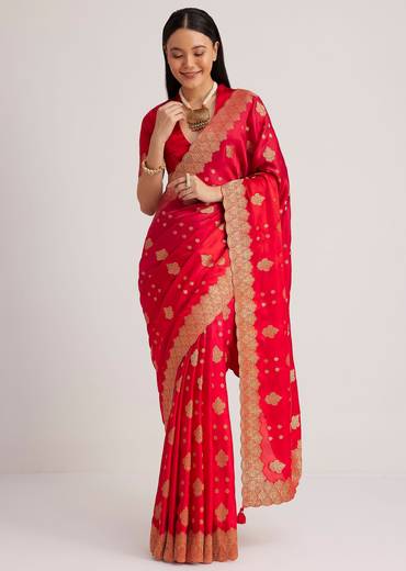 Red Satin Silk Butti Woven Saree With Scallop Brocade Border