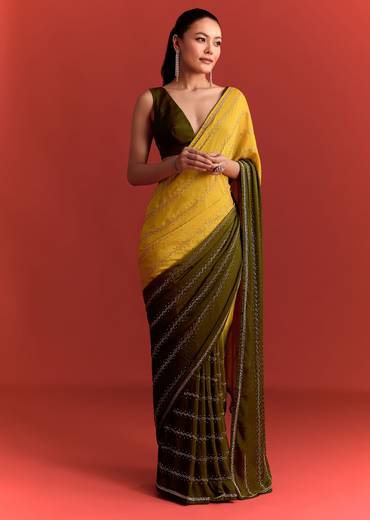 Olive Green Dual Shaded Chinon Saree With Cutdana Work