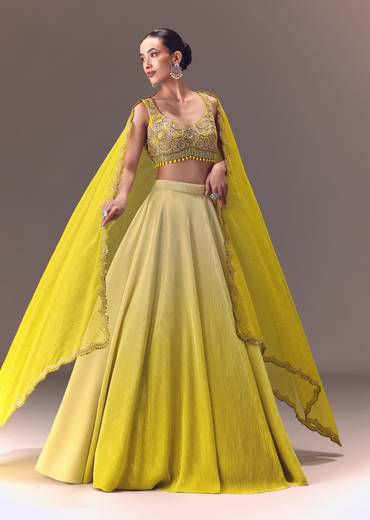 Citrus Green Ombre Crushed Lehenga Set With Organza Dupatta