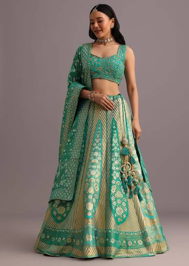 Aqua Green Embroidered Choli With Banarasi Weave Lehenga And Dupatta