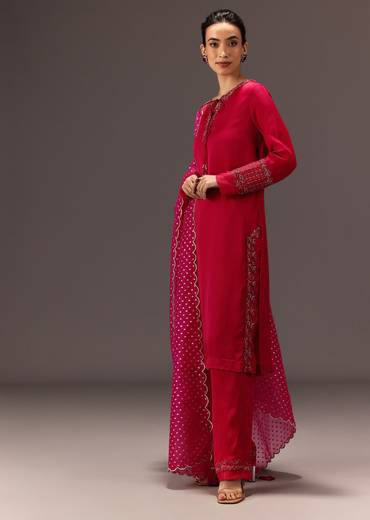 Red Organza Satin Hand Embroidered Kurta Set