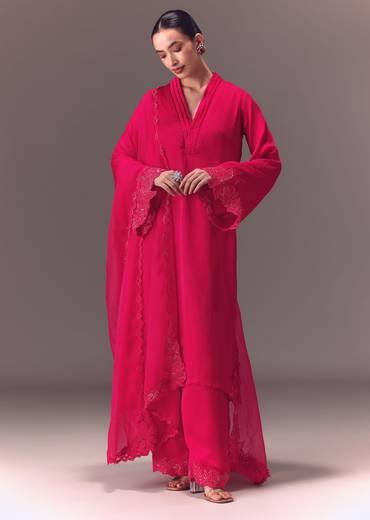 Ruby Pink Organza Kurta Set With Bell Sleeves
