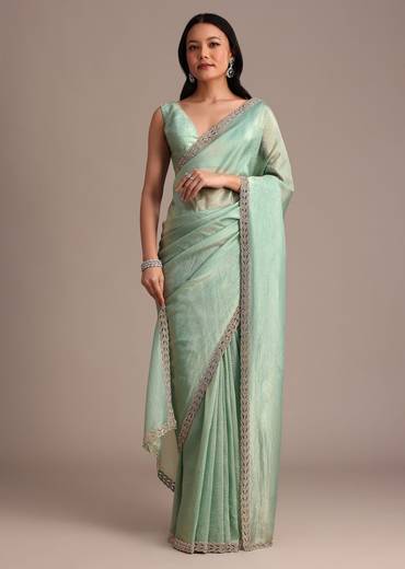 Sea Green Crushed Tissue Saree With Stone Embellished Border