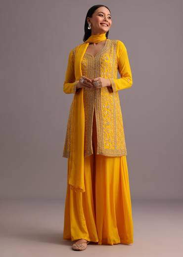 Yellow Cutdana Kurti Palazzo Suit With Dupatta