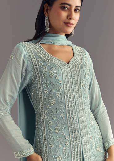Sky Blue Chinon Kurta Dupatta Set With Moti And Cutdana Work