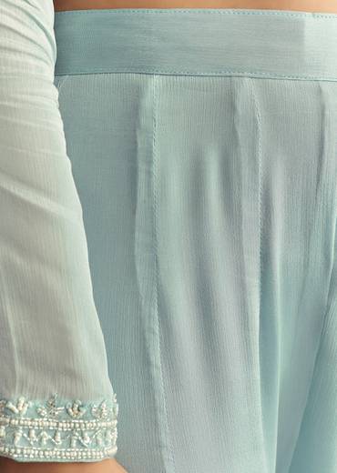 Sky Blue Chinon Kurta Dupatta Set With Moti And Cutdana Work