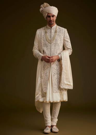 Fawn Silk Sherwani Set With Zardosi Detailing