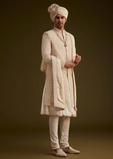 Beige Silk Sherwani Set With Dori Handwork