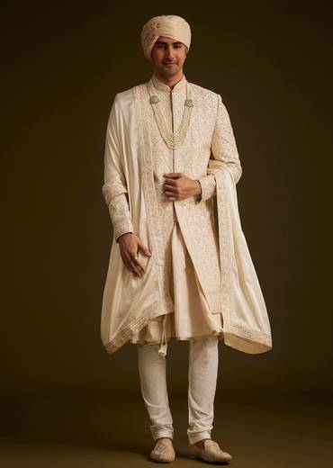 Beige Resham Embroidered Sherwani With Elegant Dupatta