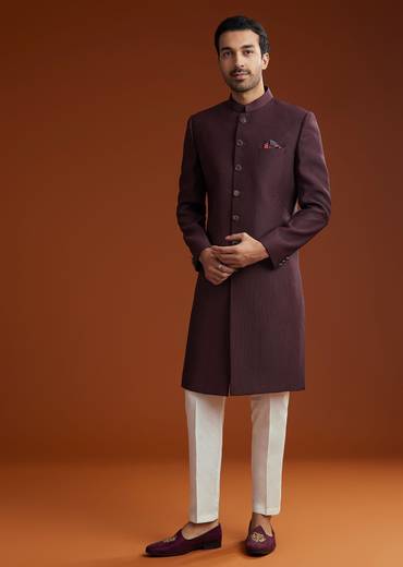 Wine Sherwani Set With Minimalist Design