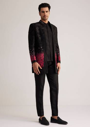 Black And Red Silk Jacket Set With Mirror And Thread Detailing