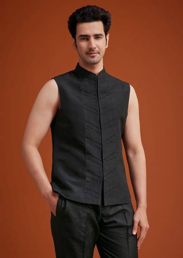 Blue To Black Ombre Indo Jacket Set With Mirror And Sequin Embellishments