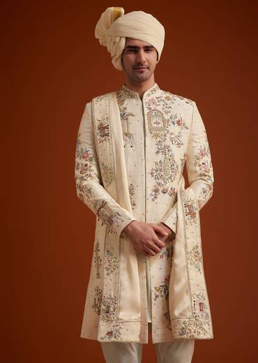 Ivory Sherwani With Multicolored Floral Embroidery