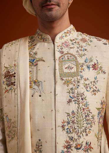 Ivory Sherwani With Multicolored Floral Embroidery