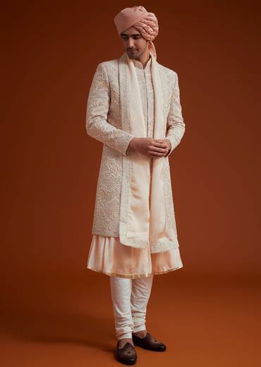 Peach Sherwani With Bead And Thread Embroidery