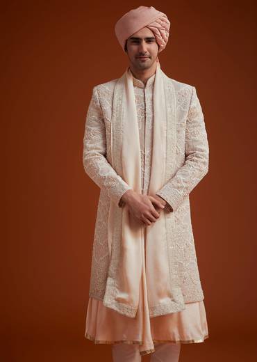 Peach Sherwani With Bead And Thread Embroidery