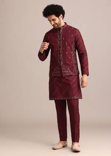 Maroon Silk Jacket Kurta Set With Embroidered Work