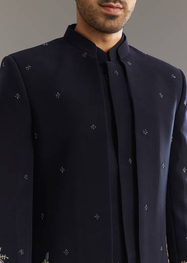 Blue Cutdana Embroidered Indo Western Set With Bird And Floral Motif