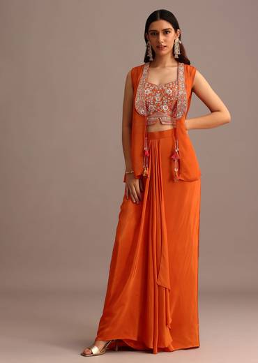 Orange Embroidered Croptop With Draped Skirt And Organza Jacket