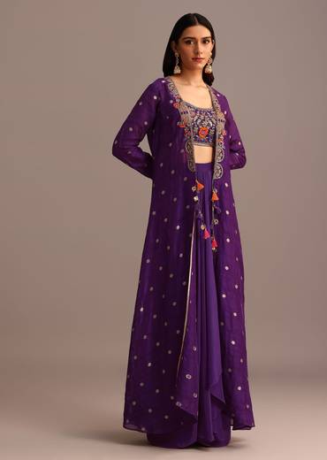 Purple Embroidered Croptop With Drape Skirt And Tussar Jacket