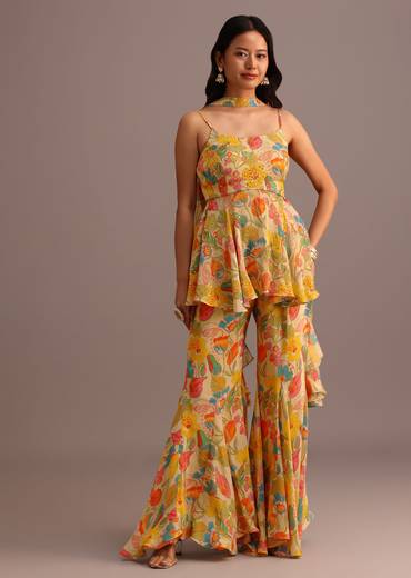 Beige Floral Printed Kurti Sharara Suit With Tissue Dupatta