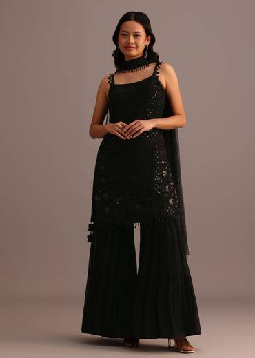 Black Embellished Sharara Suit With Net Dupatta Kalki