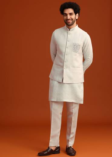 Sky Blue Zardosi Embroidered Jacket Kurta Set In Linen