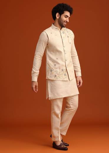 Beige Floral Hand Embroidered Kurta Jacket Set