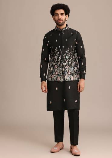 Black Embroidered Jacket Kurta Set In Linen Satin