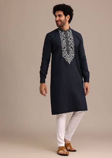 Navy Blue Linen Kurta Set With Floral Resham Handwork