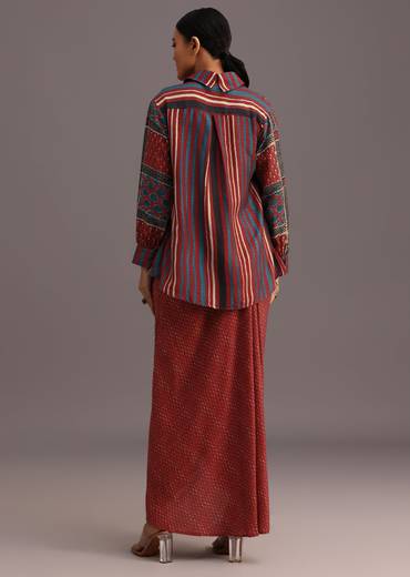 red printed shirt and croptop with draped skirt -sg275092 6