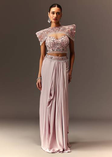 Lavender Hand Embroidered Blouse And Croped Cape With Drape Skirt