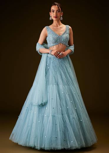 Sky Blue Hand Embroidered Net And Pearl Work Lehenga Set