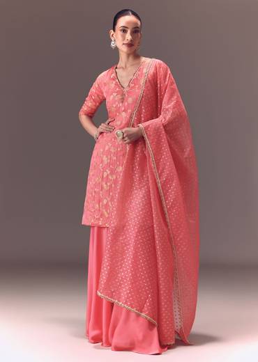 Peach Brocade Kurti With Sharara Pants And Dupatta