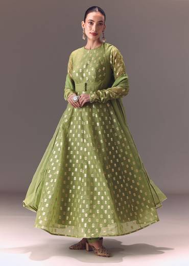 Sage Green Anarkali With Dupatta And Churidar