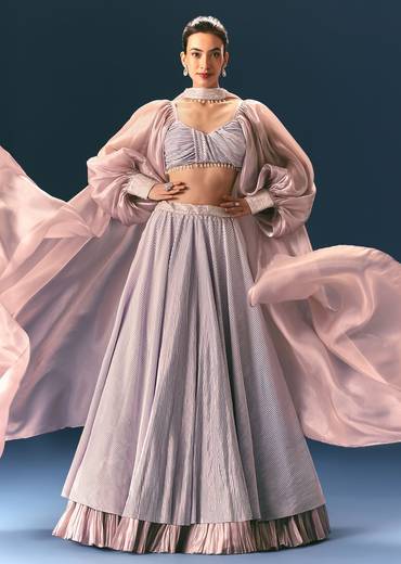 Purple Pre-Pleated Lehenga And Blouse Set With Choker Dupatta