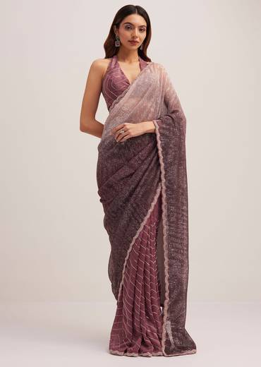 Dark Brown Dual Shaded Sequins Saree With Scalloped Border