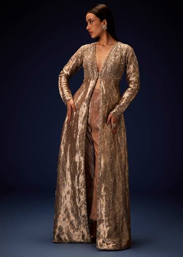 Dusty Brown Brocade Embroidered Long Jacket With Pencil Pant
