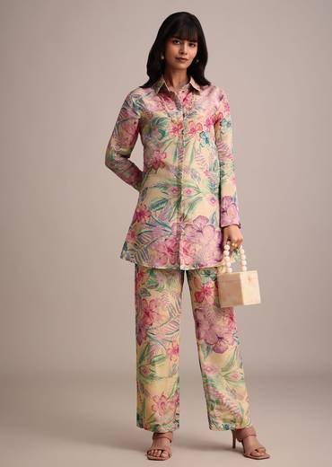 Beige Floral Printed Tissue Shirt Pant Set