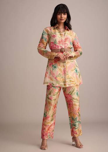 Beige Tissue Shirt Pant Set With Floral Print