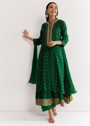 Dark Green Bandhani Kurta Set With Dupatta