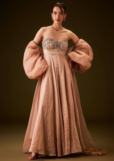 Copper Embroidered Bodice Jumpsuit With Puff Sleeve Jacket