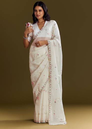 White Crush Tissue Saree With Cutdana And Beads Scallop Border