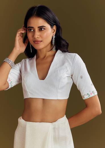 White Crush Tissue Saree With Cutdana And Beads Scallop Border