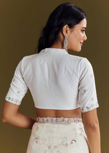 White Crush Tissue Saree With Cutdana And Beads Scallop Border